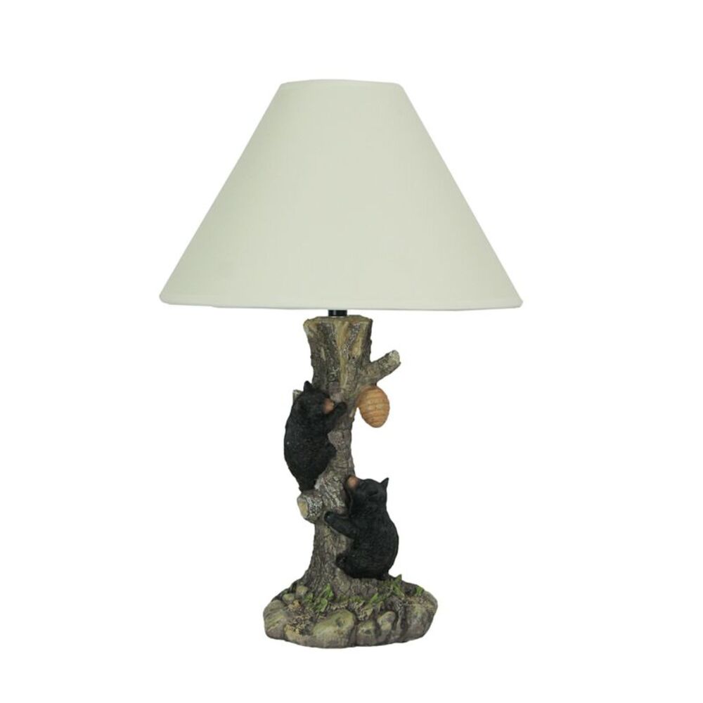 Rustic Black Bear Cubs Climbing Tree For Honey Table Lamp Beige Fabric Shade
